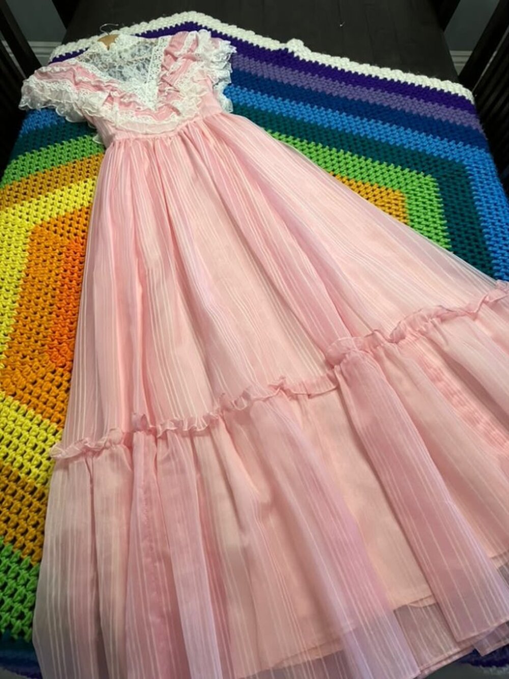 80's Vintage Gunne Sax Pink White Lace Stripe Prom Cocktail Gown Maxi Dress